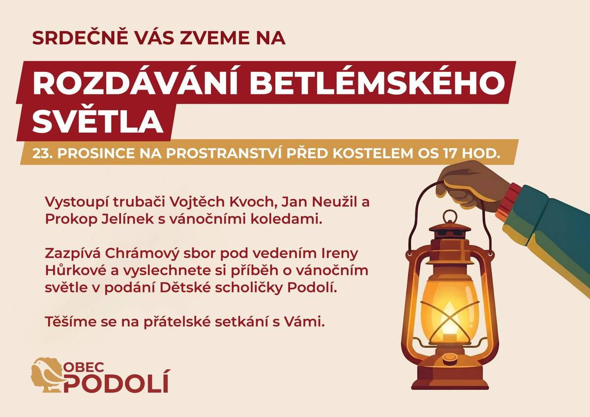 Srdečně vás zveme na rozdávání Betlémského světla, které se uskuteční 📅 v pondělí 23. prosince od 17:00 hodin 📍 ve vánočním areále před kostelem. Program zpříjemní 🎺 trubači Vojtěch Kvoch, Jan Neužil a Prokop Jelínek, kteří zahrají vánoční koledy. Vystoupí také 🎶 Chrámový sbor pod vedením Ireny Hůrkové a zazní 📖 příběh o vánočním světle v podání Dětské scholičky Podolí. Přijďte si společně užít klidnou adventní atmosféru 🤍 a odnést si domů světlo Vánoc 🕯️. Těšíme se na setkání s vámi. ✨