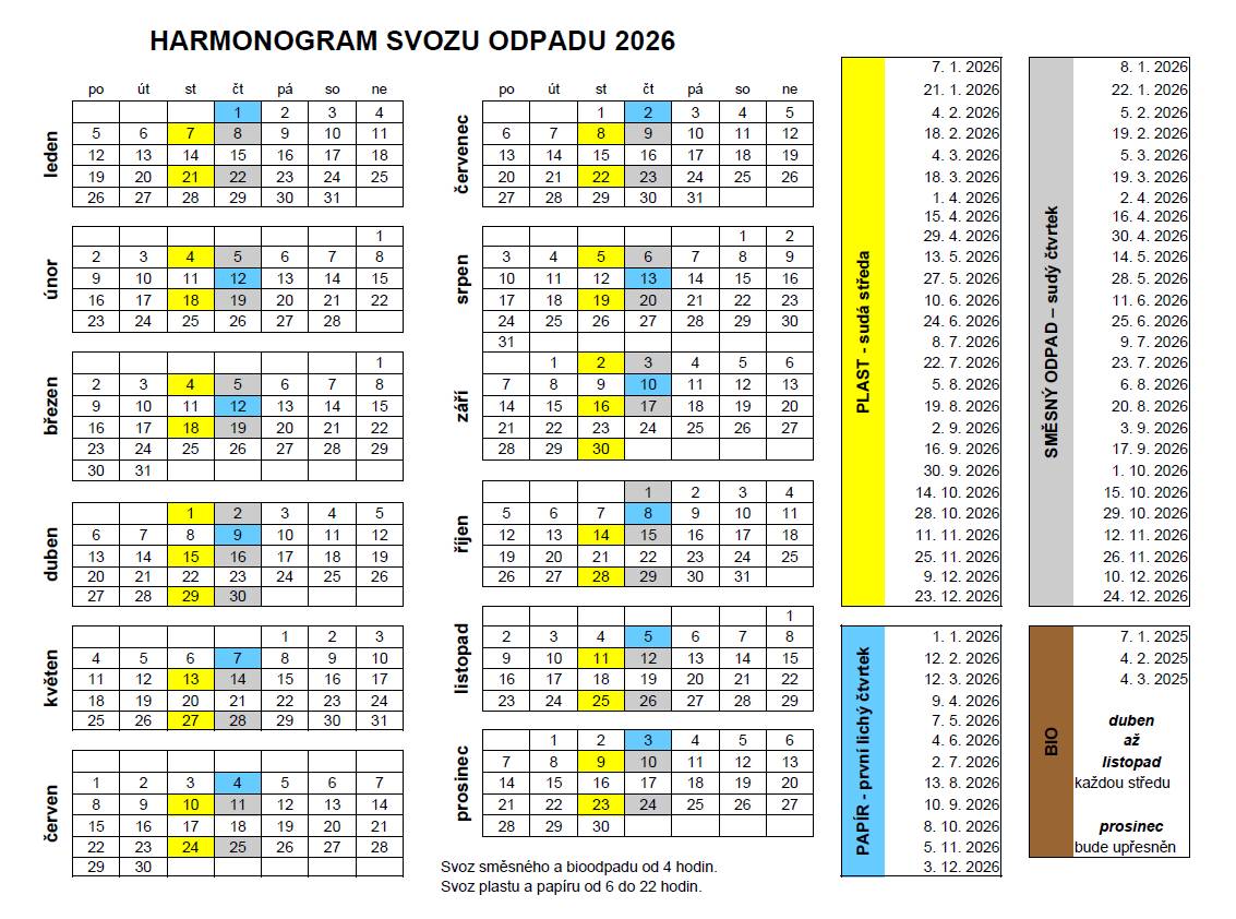 Harmonogram svozu odpadu na rok 2026