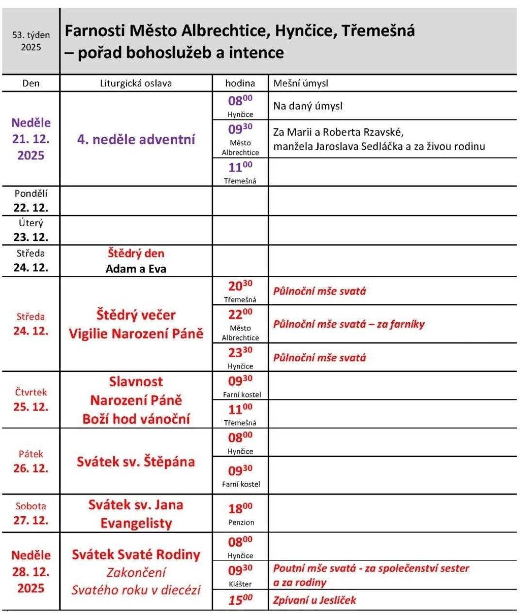 Půlnoční mše svatá se v Třemešné koná 24.12.2025 ve 20:30 hodin.