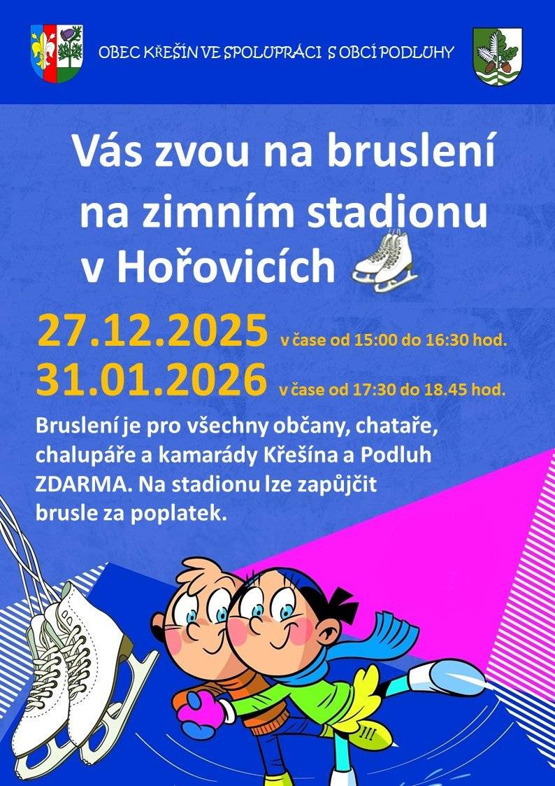 Zveme vás na bruslení zdarma na zimním stadionu v Hořovicích - 27.12.2025 od 15:00 do 16:30 hod a 31.1.2026 od 17:30 do 18:45 hod.