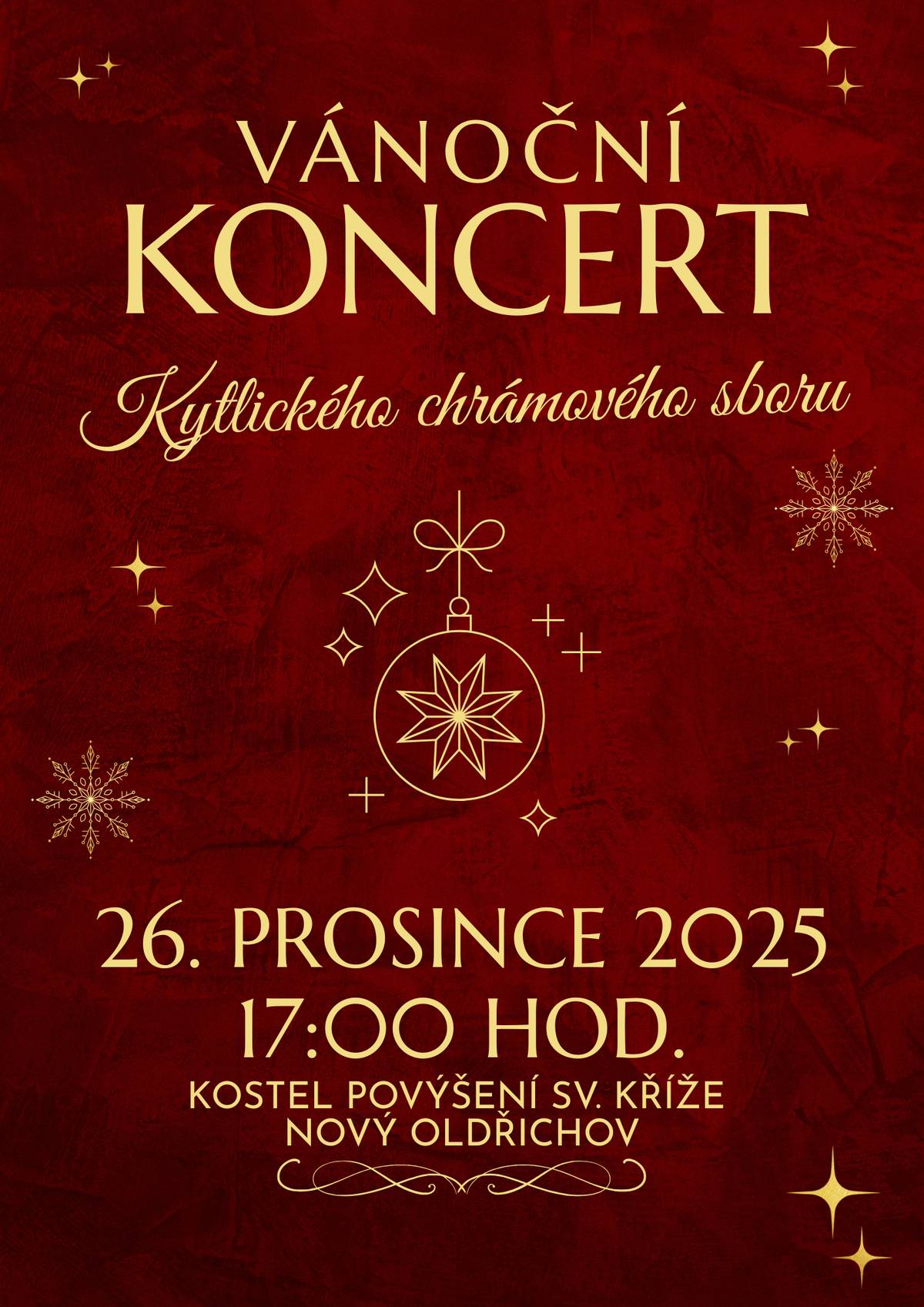 Obec Nový Oldřichov zve na VÁNOČNÍ KONCERT, který se koná 26.12.2025 od 17:00 hodin.