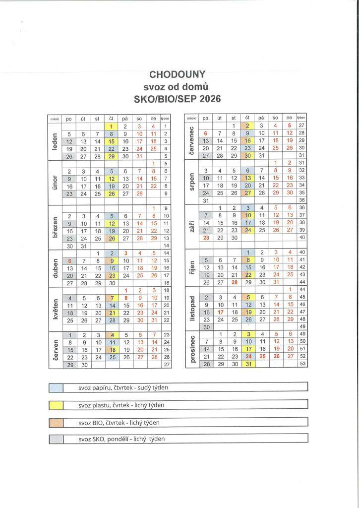 Kalendář svozu odpadů v roce 2026