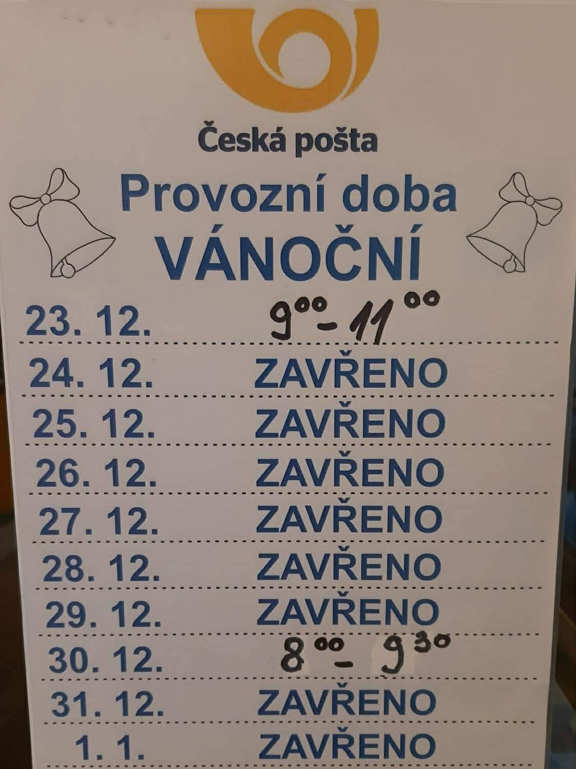 Informujeme, že pošta Partner v Řetové je otevřena 23.12 od 9:00 do 11:00. a 30.12. od 8:00 do 9:30. Po zbytek dní v letošním roce je pošta Partner uzavřena.