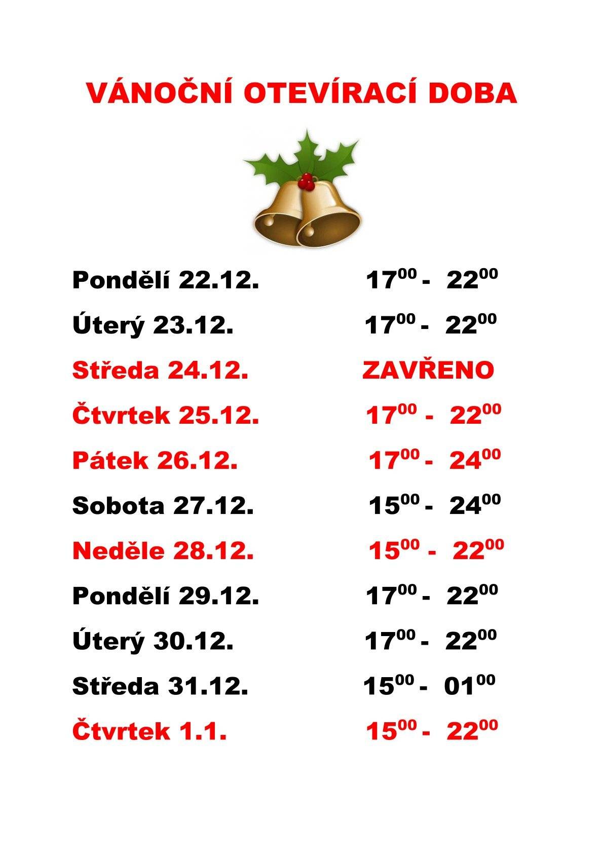 Hospoda U Havlíčka oznamuje vánoční otevírací dobu. V nabídce na čepu pivo Rebel Tudor 11°, Radegast 12°, Polotmavá Chotěboř a nově Pilsner Urquell. Krásné Vánoce!