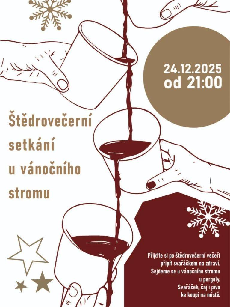 Přijďte si po štědrovečerní večeři připít svařáčkem na zdraví.  Sejdeme se u vánočního stromu u pergoly.  Svařák, čaj i pivo ke koupi na místě.