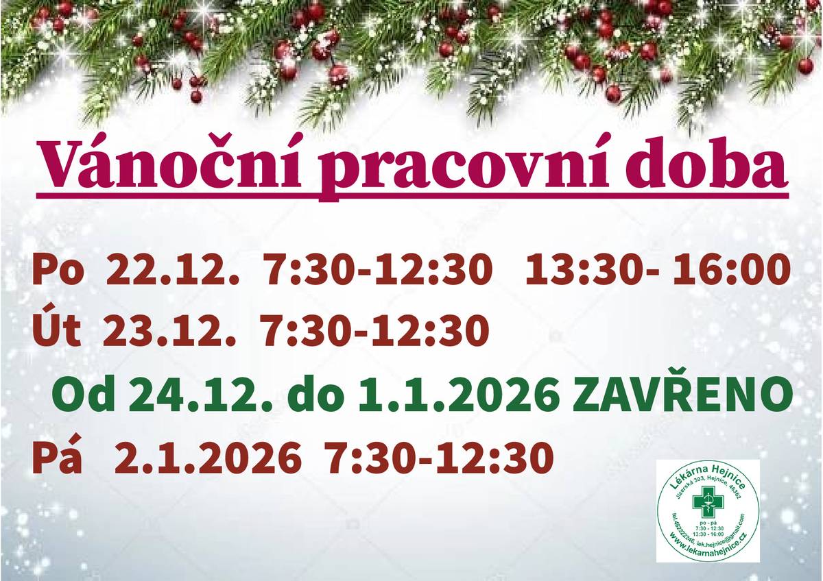 Lékárna Hejnice informuje o sváteční otevírací době.