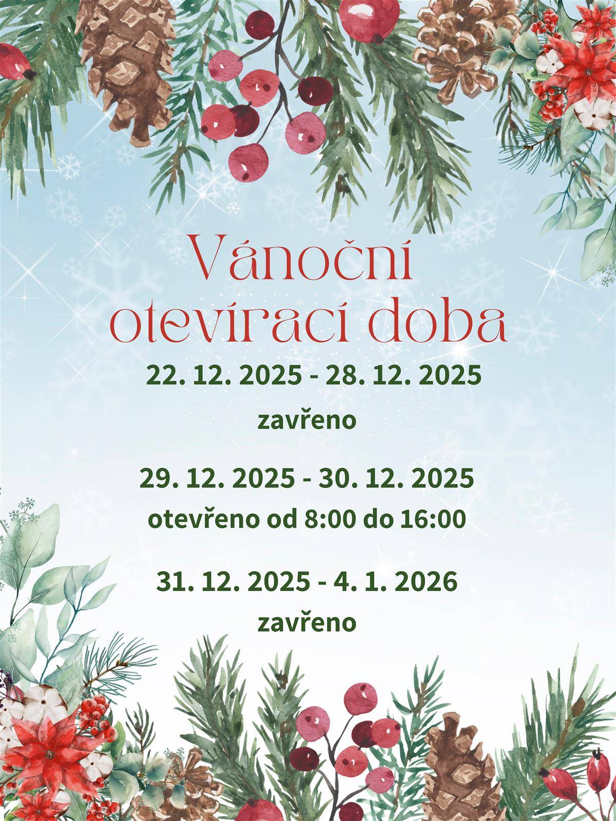 Turistické informační centrum je o vánočních prázdninách otevřeno jen od 29. do 31. prosince. Kulturní program najdete na www.kulturavimperk.cz Státní zámek Vimperk přichystal od 28. 12. do 1. 1. speciální prohlídkový okruh s poslední příležitostí zhlédnout výstavu Steinbrenerovi kreslíři. 👉 Zimní program na zámku - Vimperk Běžkaři mohou stav sněhu a stop a také obsazenost ve sportovním areálu Vodník zkontrolovat před webkamery. 👉 Areál Vodník - webkamery  Novoroční ohňostroj začíná 1. ledna v 18 hodin na parkovišti u obchodního domu Tesco.