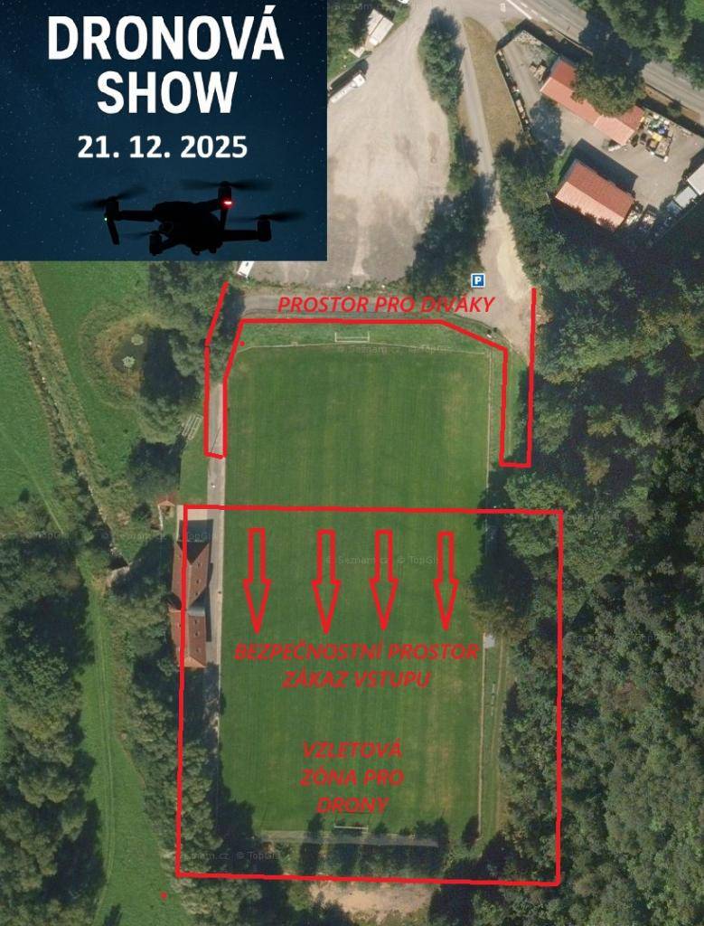 Dnes v 17:00 na fotbalovém hřišti se koná dronová světelná show.