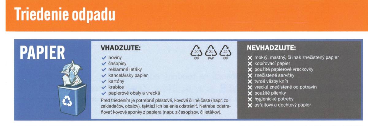 Dovoľujeme si pripomenúť občanom, že najbližší zber papiera bude prebiehať zajtra. Papier pripravte zviazaný a kartóny zložené na menšie diely. Prosíme, aby ste pred domy vykladali vytriedenú zložku najneskôr v deň zberu do 6:00 hod.. Ďakujeme, že triedite odpad!