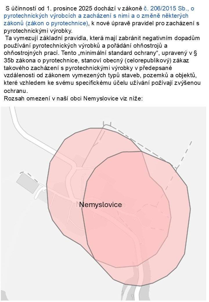 Nově vydaný zákon č. 206/2025 Sb. o pyrotechnických výrobcích a zacházení s nimi stanovuje nová pravidla pro užívání pyrotechniky a omezení na území se zvýšenou ochranou, což se týká i naší obce.