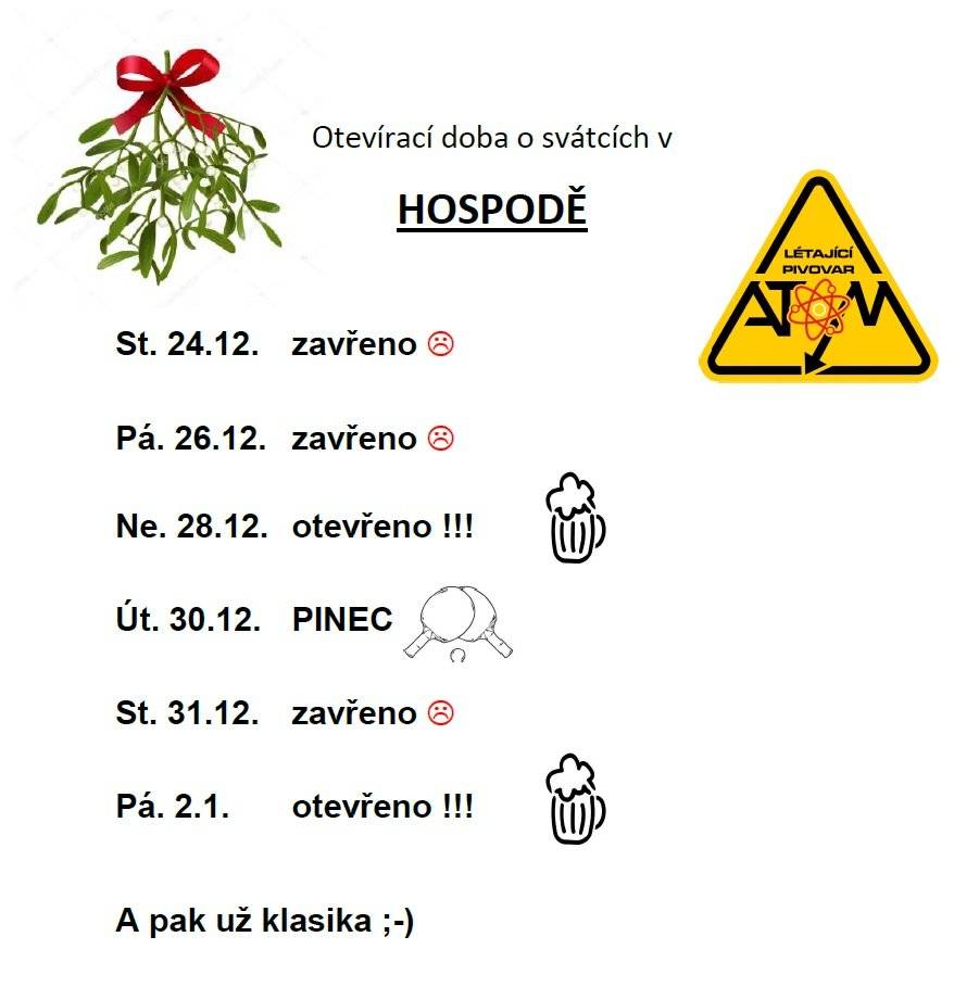 St. 24.12. zavřeno Pá. 26.12. zavřeno Ne. 28.12. otevřeno Út. 30.12. PINEC St. 31.12. zavřeno Pá. 2.1. otevřeno