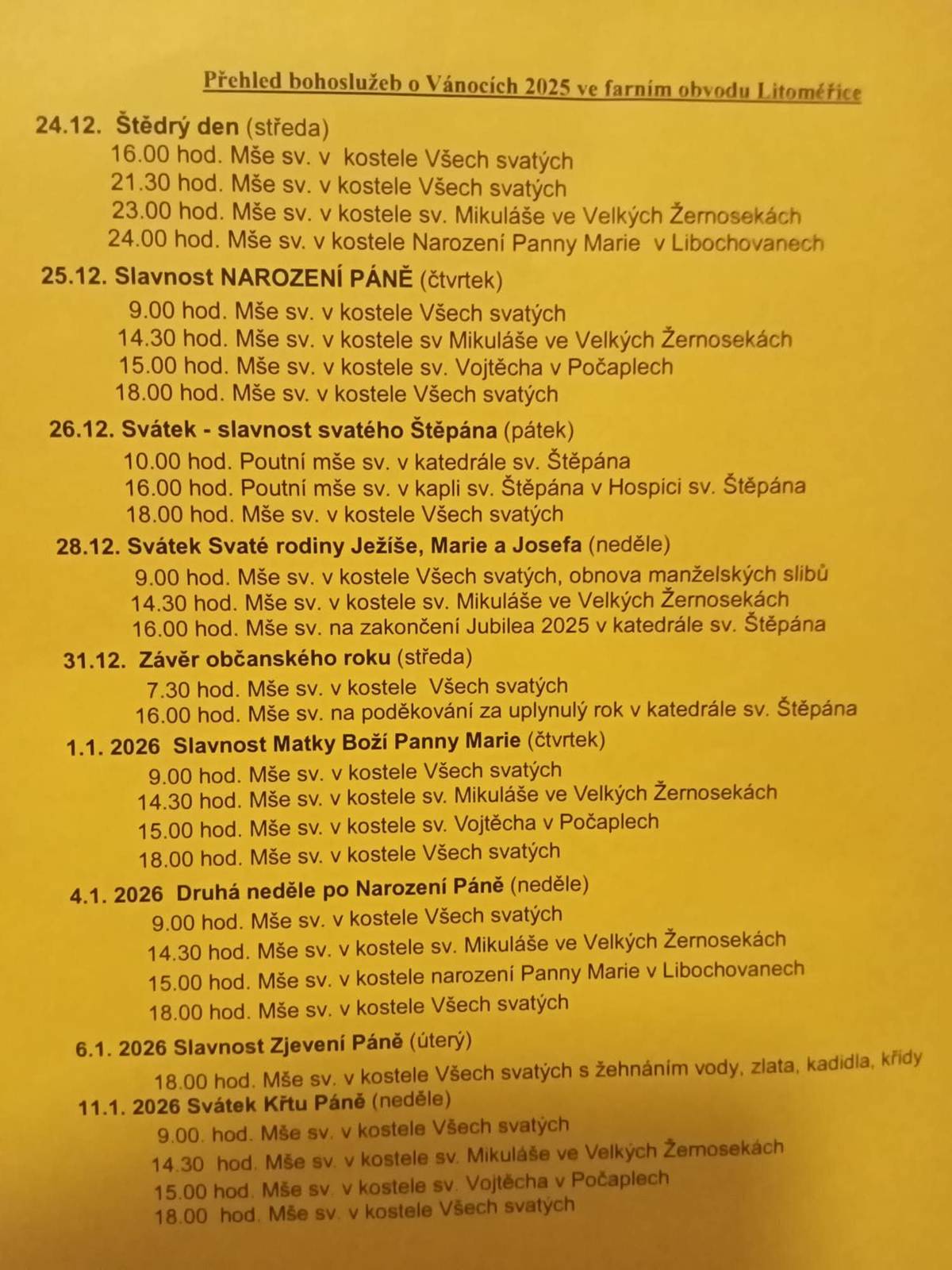 Přehled bohoslužeb o Vánocích 2025 ve farním obvodu Litoměřice