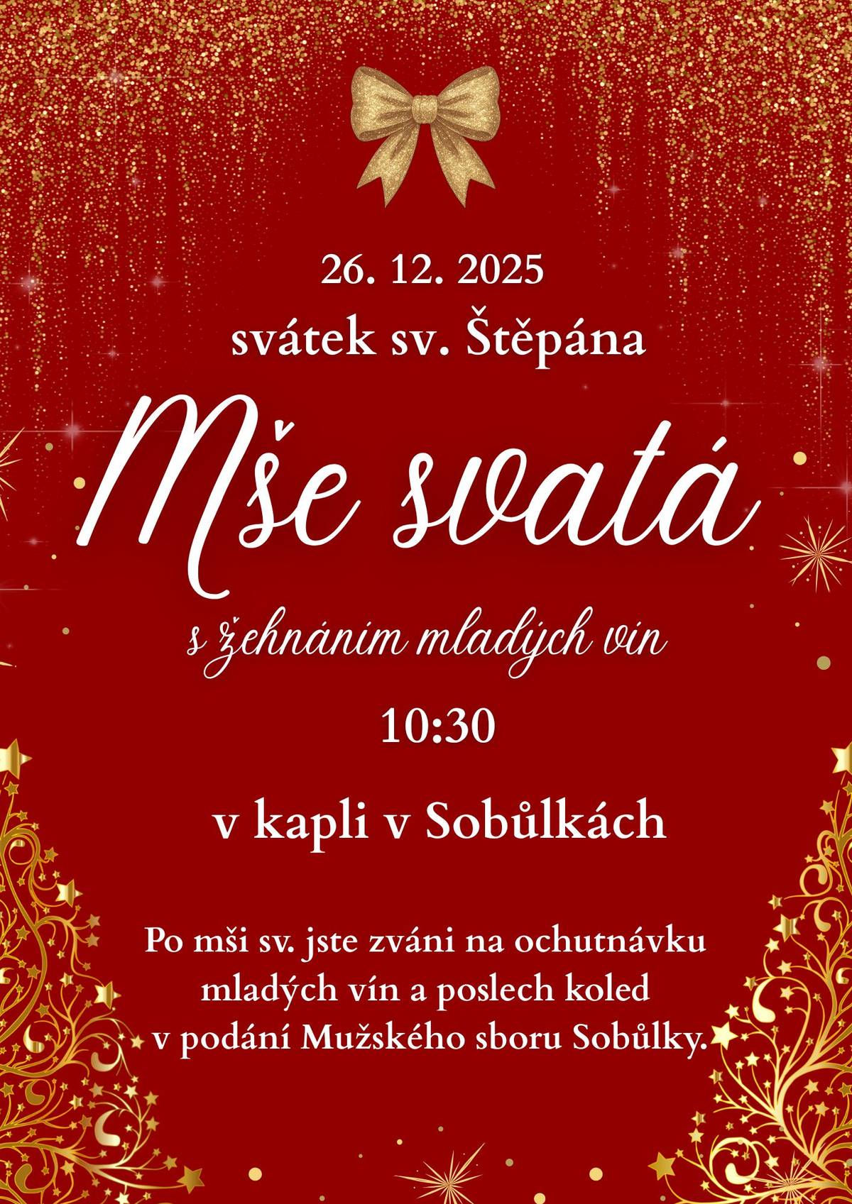 26. prosince na svátek sv. Štěpána se uskuteční Mše svatá s žehnáním mladých vín. Začátek v 10.30 hod v kapli v Sobůlkách. Zazpívají Galánečky a Mužský sbor Sobůlky.   Dne 28. prosince od 11:30 hodin se na Padělkách koná akce Zvěřinový guláš. Všichni jsou srdečně zváni.   Paštiky Rašovská ve spolupráci s obcí vás zvou na zakončení tohoto roku na Silvestrovskou polévku. Akce se uskuteční na Muzeu 31. prosince od 12 hodin a výtěžek z baru bude věnován na Tříkrálovou sbírku.   Každoroční Tříkrálová sbírka proběhne v neděli 4. ledna 2026 od 14 hodin. Finanční příspěvek bude použit na pomoc rodinám a lidem v nouzi.