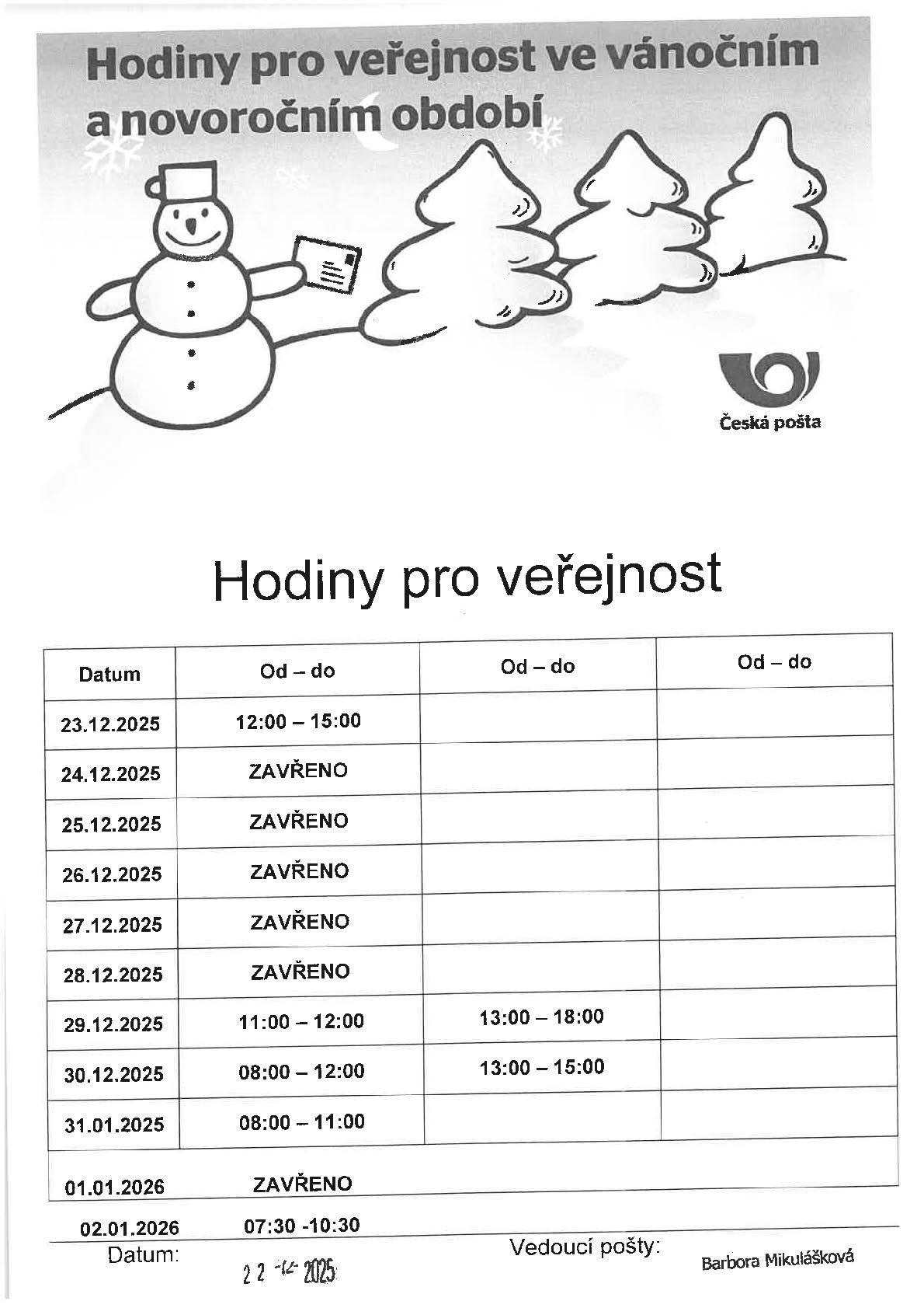 Změna otevírací doby pošta - vánoční období 2025