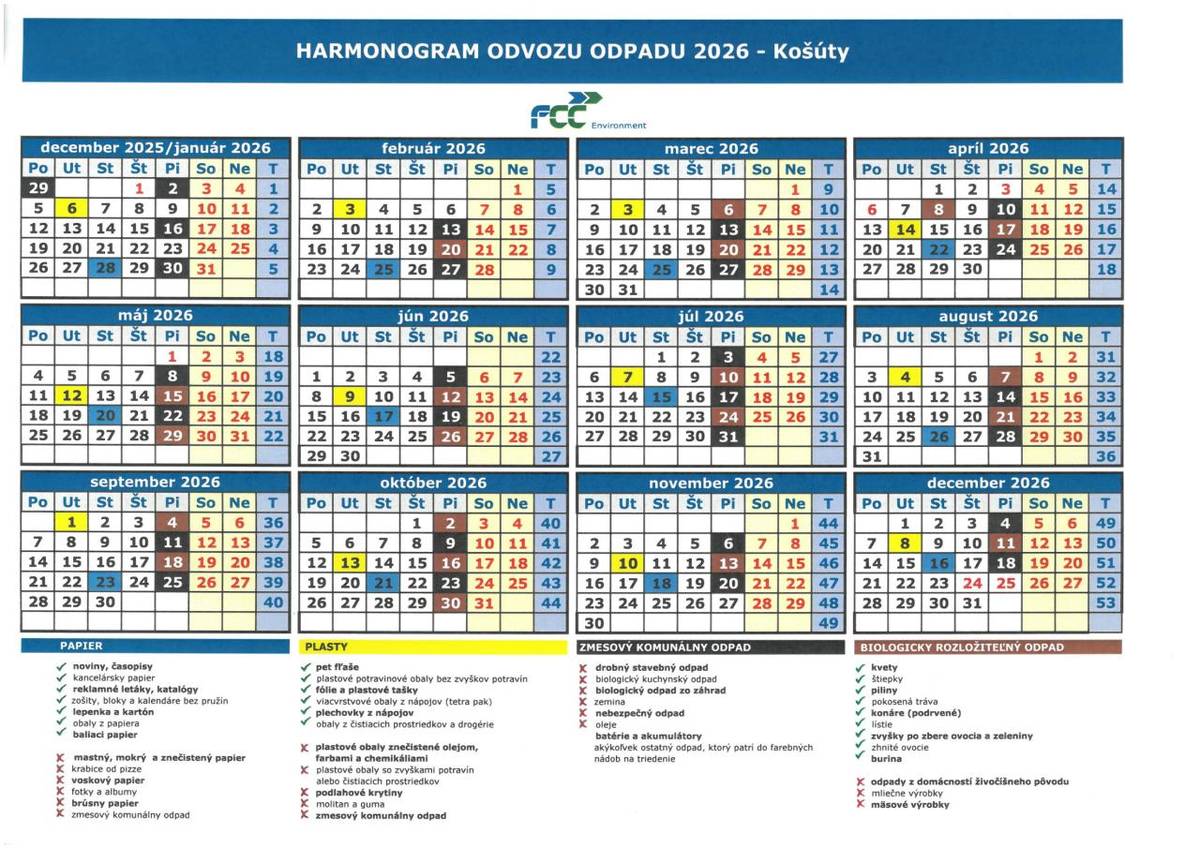 Obec Košúty oznamuje občanom, že od 1. januára 2026 dochádza k zmene systému zberu komunálneho odpadu a triedených zložiek odpadu a ceny za odvoz odpadu.