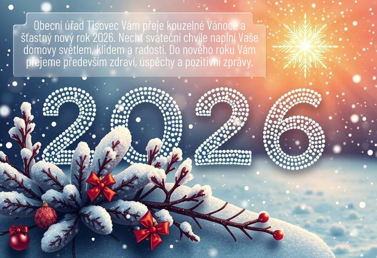 Obecní úřad Tisovec se připojuje k vánočnímu období a všem přeje kouzelné Vánoce. Věříme, že nadcházející rok 2026 přinese do našich životů radost, pohodu a úspěchy. Děkujeme za spolupráci a přejeme Vám krásné svátky strávené v kruhu rodiny a přátel.