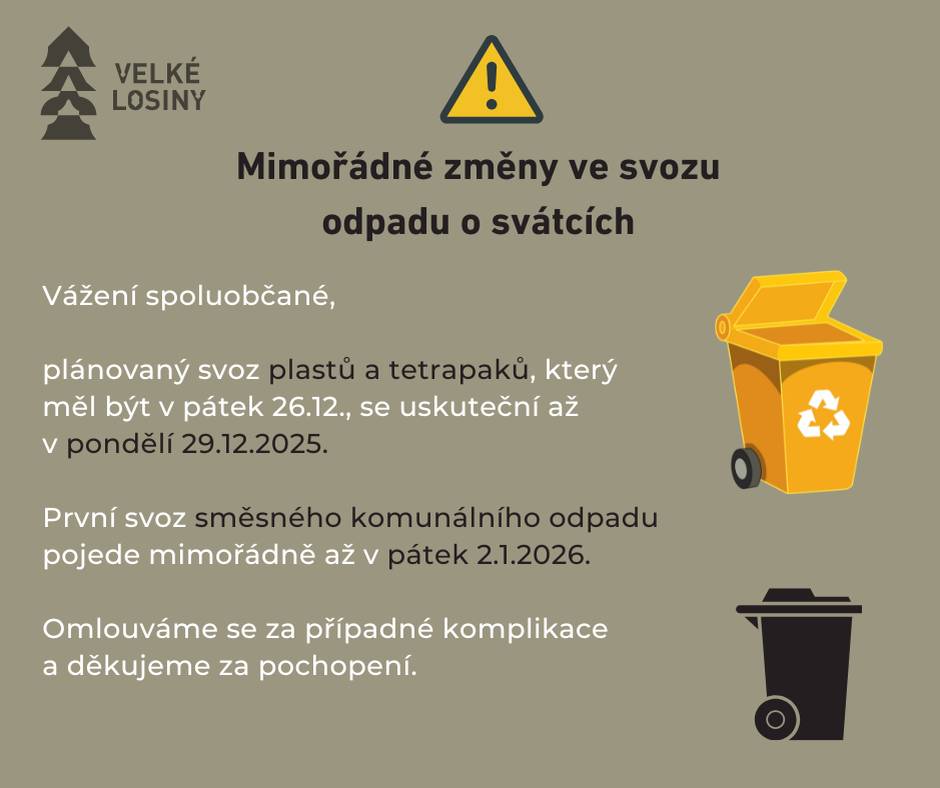 Vážení spoluobčané, plánovaný svoz plastů a tetrapaků, který měl být v pátek 26.12., se uskuteční až v pondělí 29.12.2025. První svoz směsného komunálního odpadu pojede mimořádně až v pátek 2.1.2026.