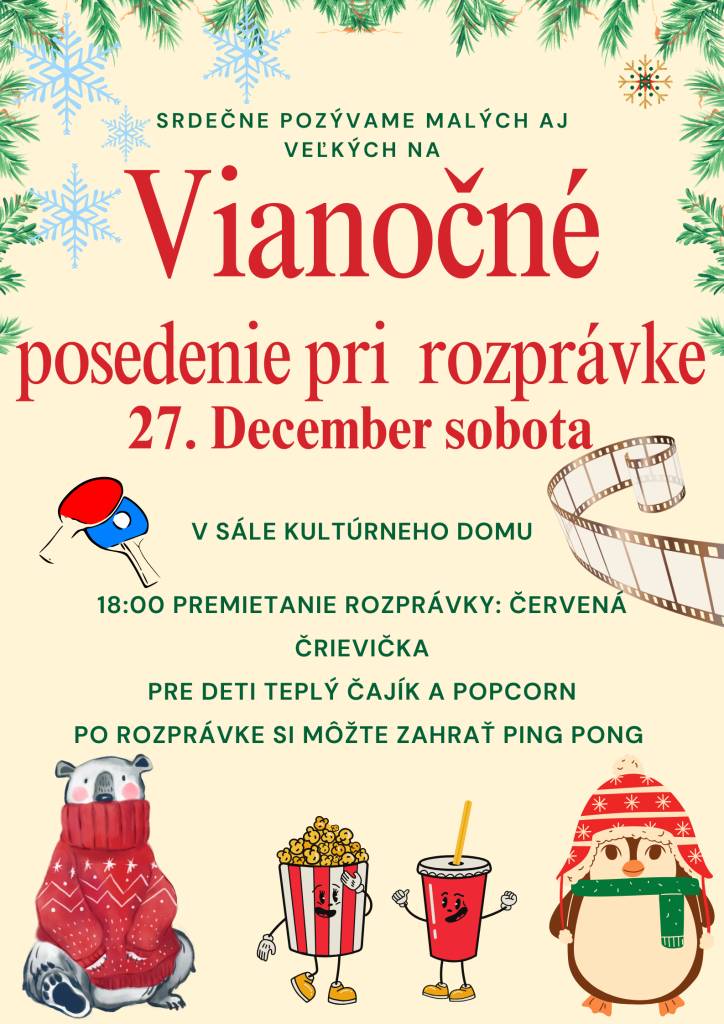 Srdečne všetkých pozývame na vianočné posedenie pri rozprávke...
