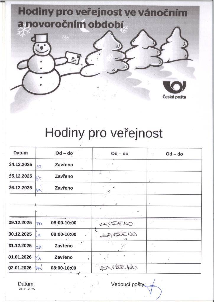 VaK - stavy vodoměrů, turnaje v KD, Pošta Partner, prodej ryb, Farnost - Betlémské světlo...