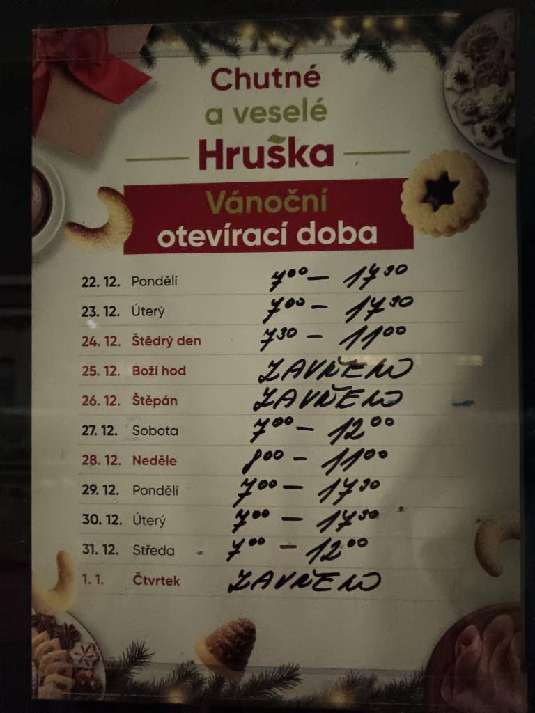 Informace o otevírací době obchodu společnosti Hruška, Nepolisy.