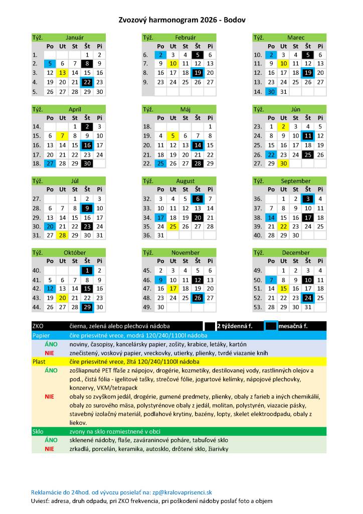 Bodov.  Odpad je nutné vyložiť ku komunikácii pred 6:00 hod.  Separovaný odpad bude vyvezený len v bielych priesvitných vreciach, alebo v plastových nádobách určených na príslušný separovaný odpad.