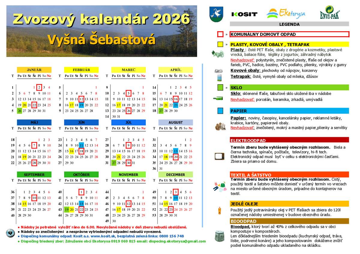 Vážení občania, na webe našej obce je už zverejnený nový zvozový kalendár odpadu na rok 2026. Pre používateľov aplikácie INFOURAD je už v nej nahodený pre zasielanie pripomienok o zvoze jednotlivých druhov odpadu. V tlačenej podobe bude občanom distribuovaný do poštových schránok v období medzi sviatkami.