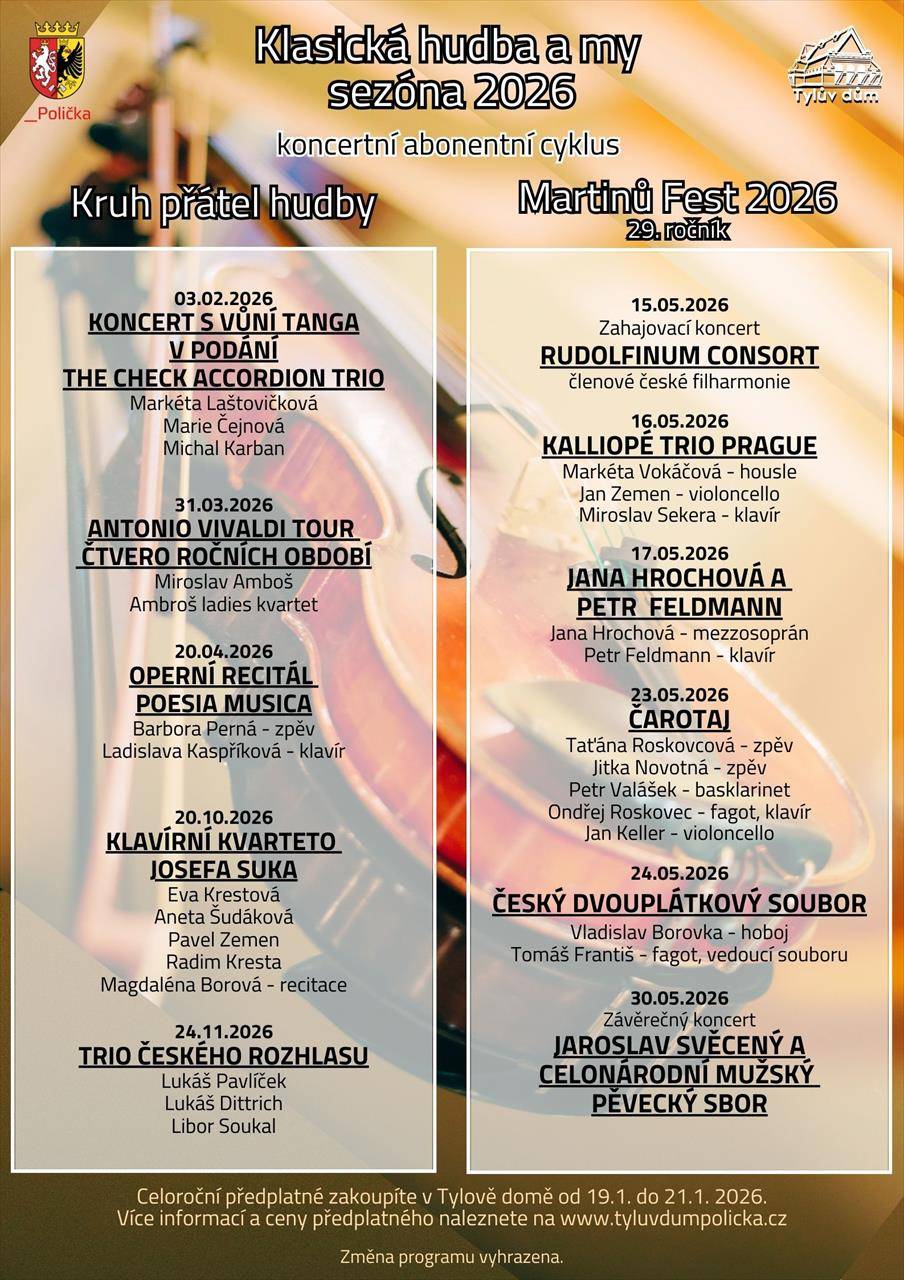 Milí diváci a vážení příznivci Tylova domu,  v Tylově domě Vás v novém roce přivítáme novoročním koncertem „Orquestrina Baborak Ensemble“ v jejichž podání se můžete, mimo jiné, těšit na hudbu z filmů Harry Potter, Star Wars či Schindlerův seznam.  Program kina zahájí 5.1. velkofilm Jamese Camerona „Avatar: Oheň a popel“ ve ...  (Kultura / Tylův dům)