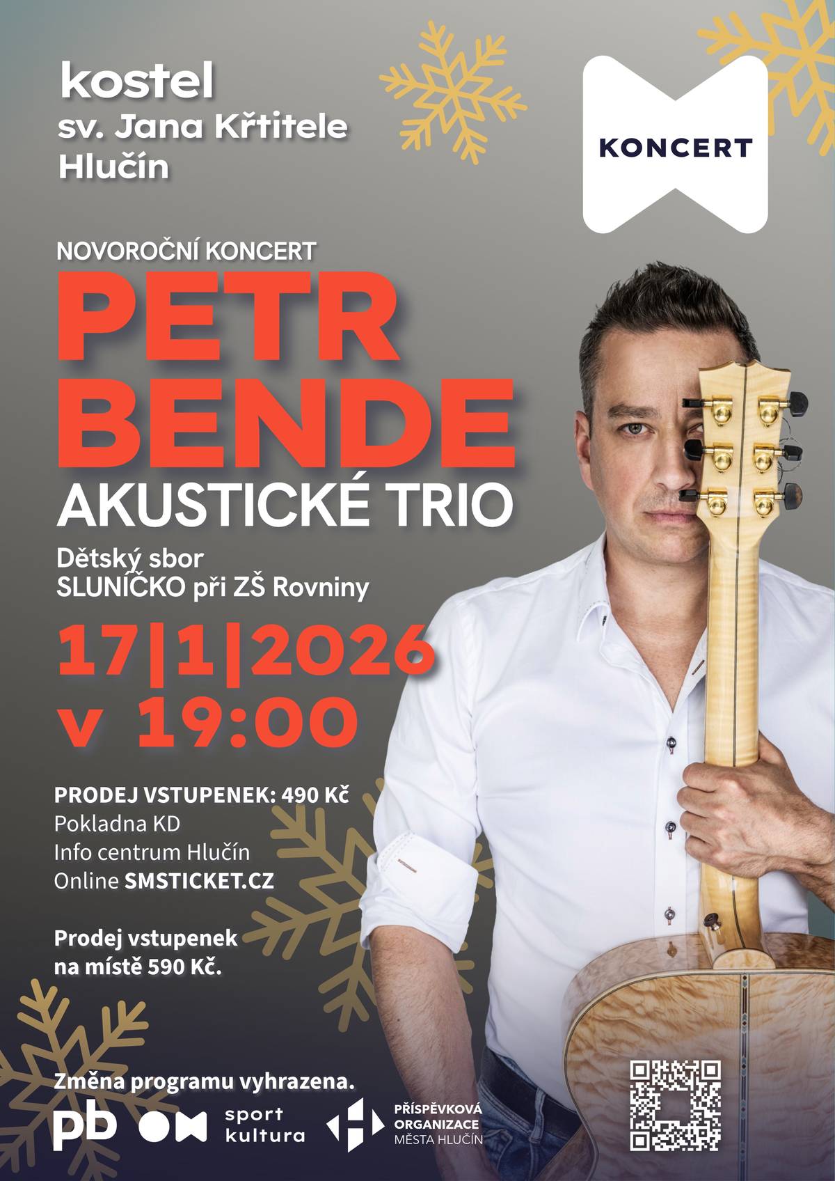 Hlučín se připravuje na výjimečný Novoroční koncert, který se uskuteční 17. ledna 2026 v 19:00 v Kostele Sv. Jana Křtitele. Hlavní hvězdou večera bude Petr Bende se svým akustickým triem, který navíc zazpívá několik písní s místním Dětským sborem při ZŠ Rovniny.   Vstupenky si můžete zakoupit v předprodeji na pokladně Kulturního domu, v Informačním centru Hlučín a také online prostřednictvím portálu smsticket. Nenechte si ujít jedinečný hudební zážitek, který zahájí nový rok v Hlučíně. #hlucin #mestohlucin #petrbende #novorocnikoncert