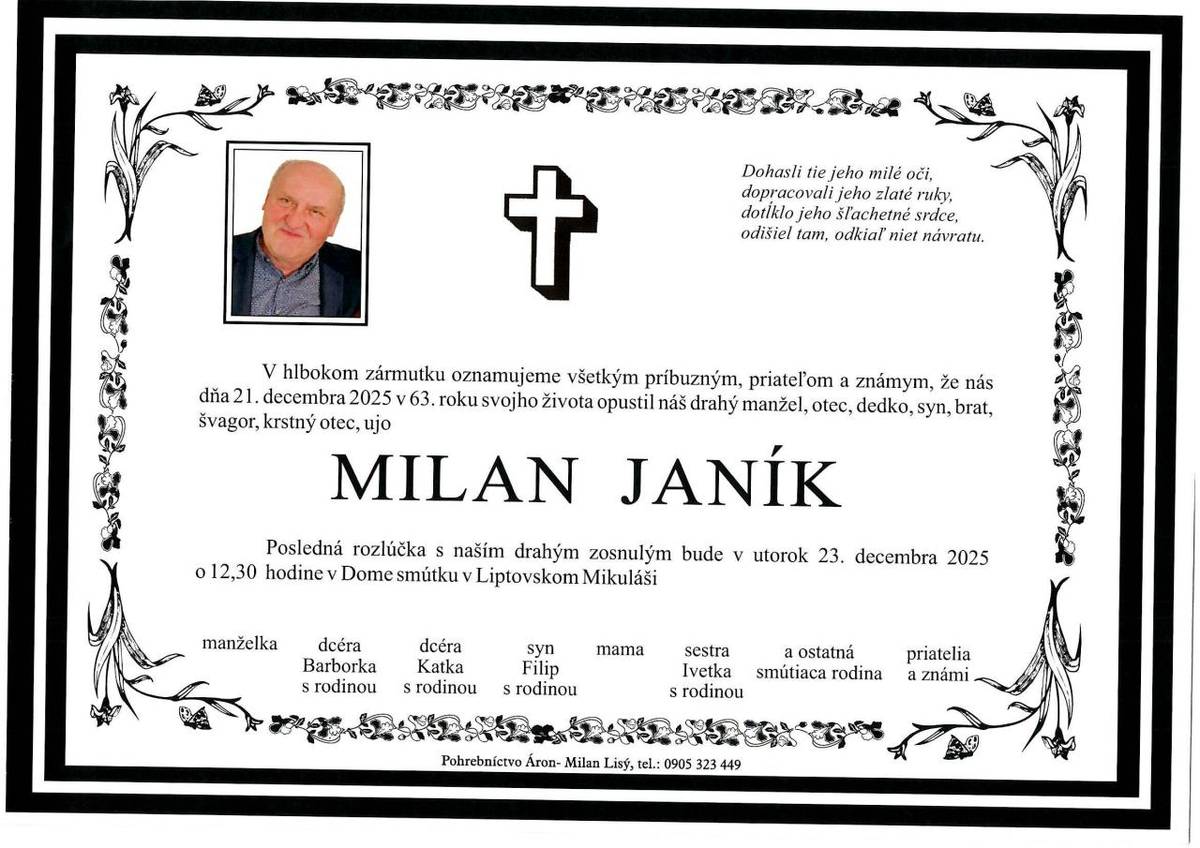 Smútočné oznámenie Milan Janík