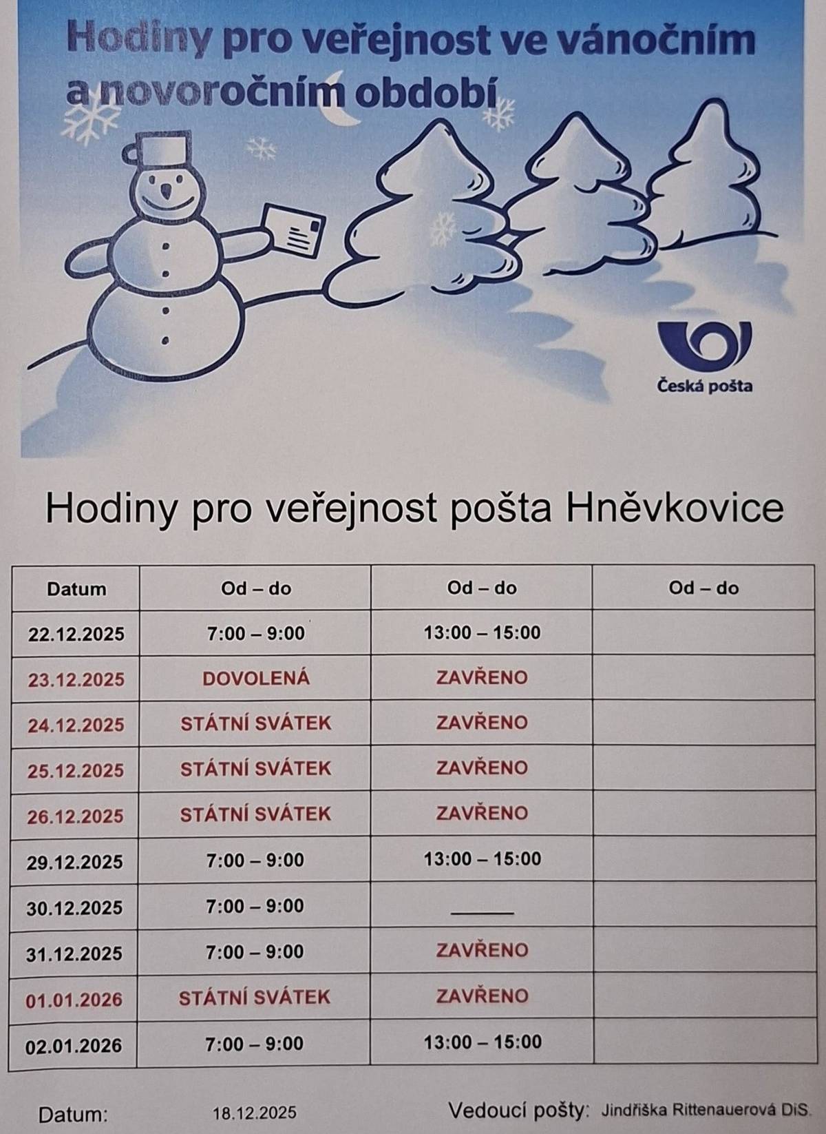 Hodiny ČP pro veřejnost ve vánočním a novoročním období