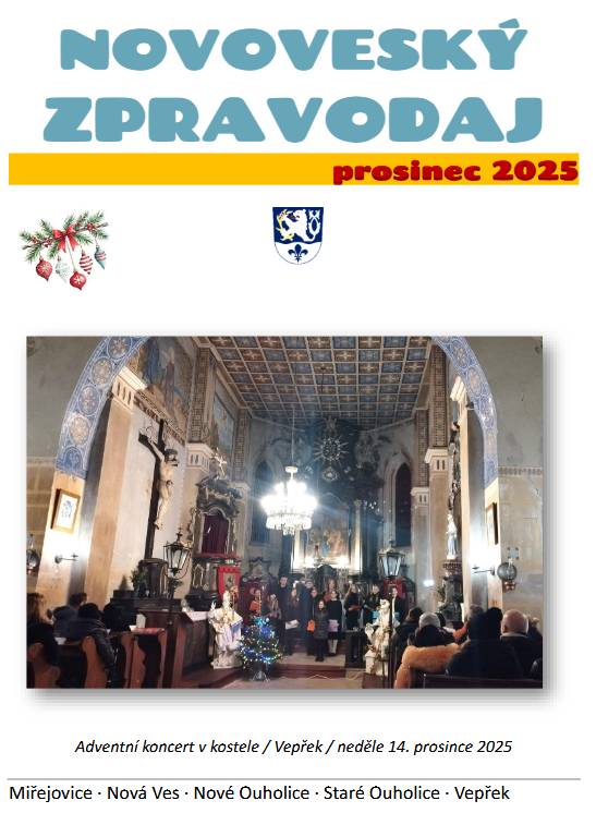 Milí spoluobčané, prosincový zpravodaj je na cestě do Vašich schránek, k přečtení je také online na webu obce:  https://www.nova-ves.cz/obec/zpravodaj Každá domácnost také dostává do schránky Vánoční obálku, která obsahuje kalendář svozu odpadů, novou samolepku na schránku, leták s informacemi. Přejeme pěkné svátky, informační výbor