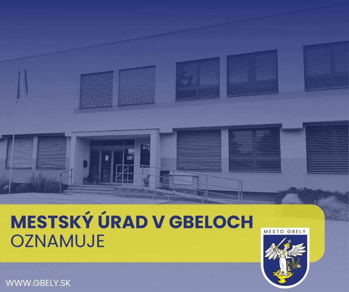 Mesto Gbely oznamuje, že zajtra, t. j. v utorok 23. 12.2025, bude mestský úrad otvorený do 12.00 hod.     Ďakujeme za pochopenie a prajeme vám krásne sviatky.