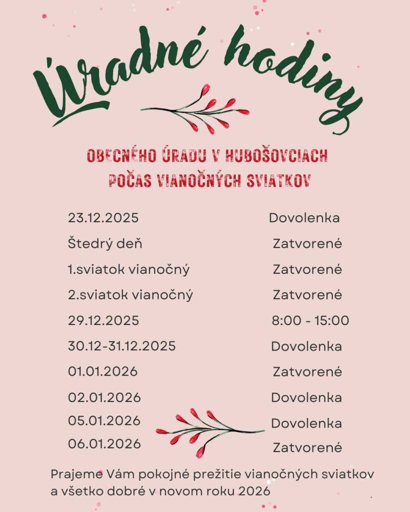 Úradné hodiny obecného úradu v Hubošovciach počas vianočných sviatkov