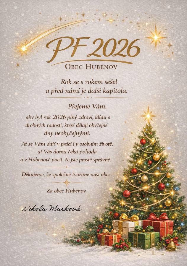Moji milí, přiložené PF2026 mluví za vše, nicméně bych Vám chtěla sdělit ještě jednu věc.... ....obecní Ježíšek letos opět naděloval (a ne jen pro děti 😁).  🎁Není zabalený v papíru a nevejde se do kapsy. Zato má síťku, pálky a čeká na první pořádný smeč.🏓 Už víš, co tě čeká v sále na OÚ? 😊 Pokud ano, stačí si říct o klíče a můžeš to rozjet jako Forrest Gump 😍. Mějte se rádi dětičky moje 😂 Krásné svátky Vám všem ❤️