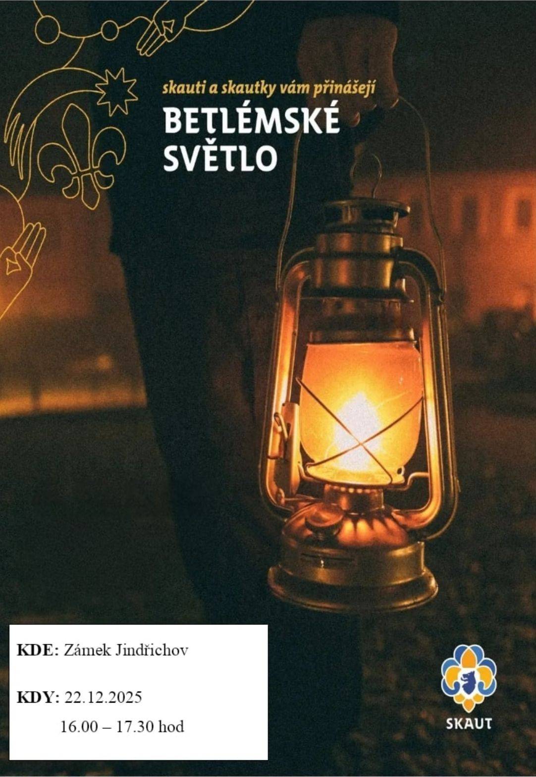Pro betlémské světlo si můžete přijít v pondělí 22. prosince 2025 mezi 16:00 - 17:30 do zámku Jindřichov.