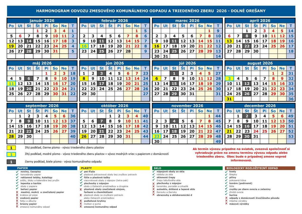Harmonogram zvozu odpadu na rok 2026.   V papierovej forme si ho môžete vyzdvihnúť na Obecnom úrade.