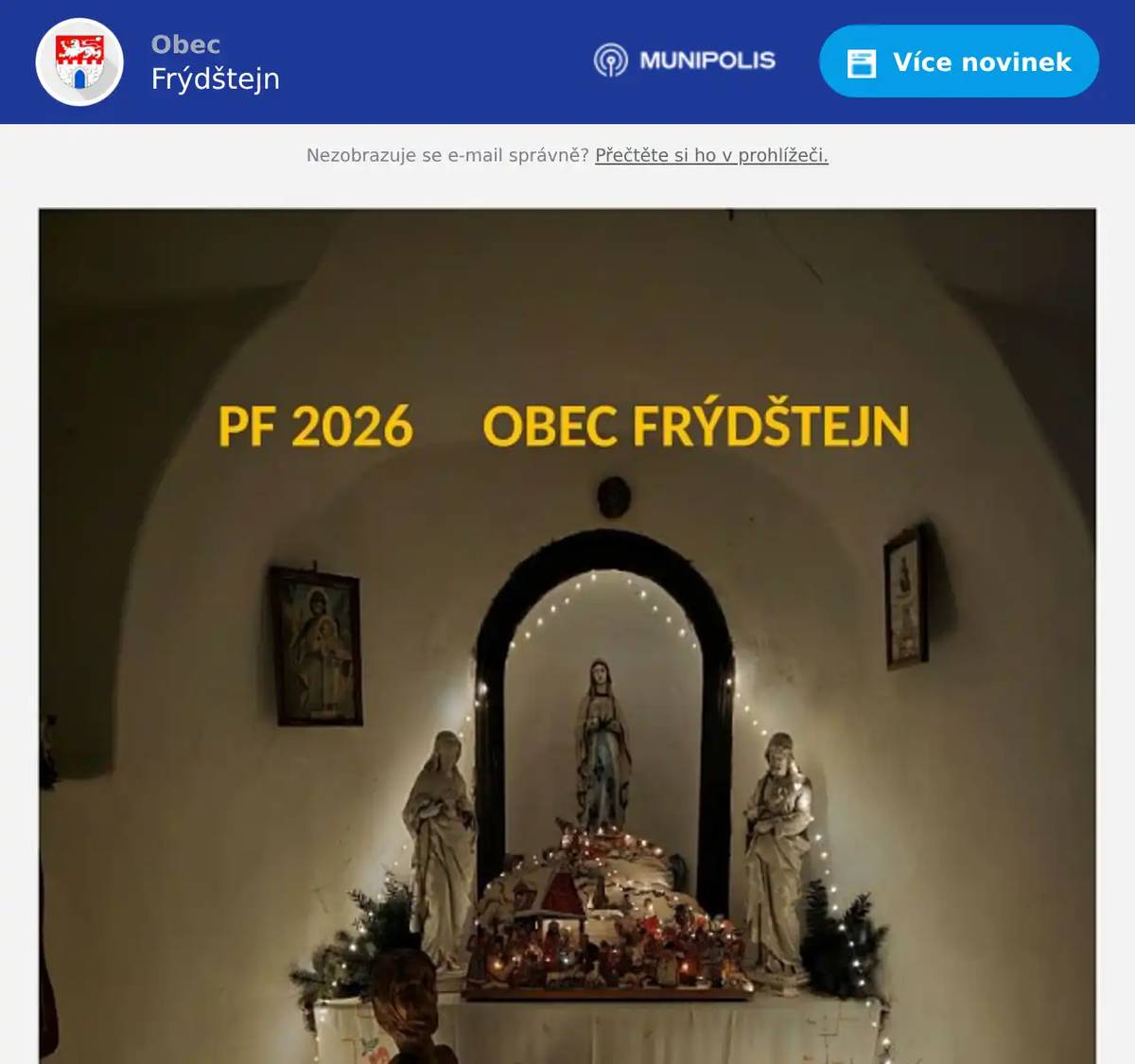 Obec Frýdštejn Vám přeje klidně prožité vánoční svátky a v roce 2026 pevné zdraví.