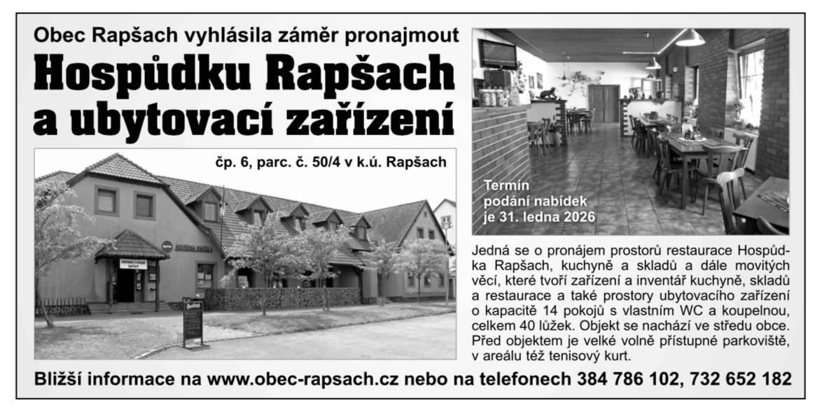 Obec vyhlásila záměr pronajmout hospodu a ubytovací zařízení.