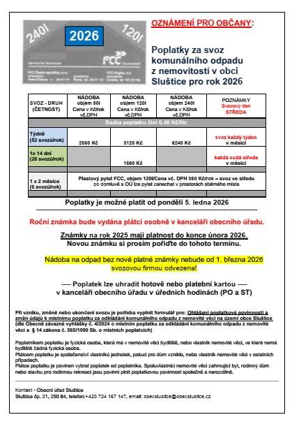 Poplatky za svoz komunálního odpadu z nemovitostí v obci Sluštice pro rok 2026 je možné platit od pondělí 5. ledna 2026