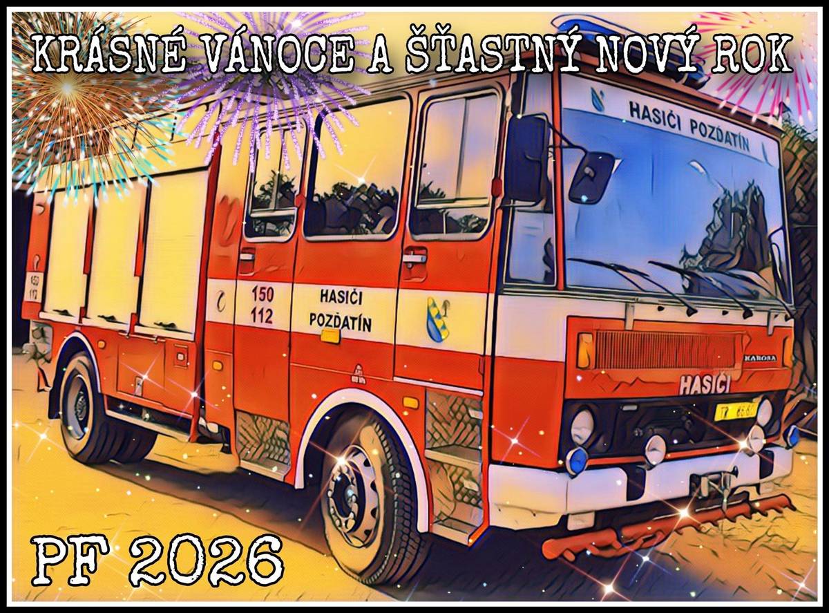 Přejeme všem spoluobčanům, příznivcům a přátelům klidné a radostné vánoční svátky plné pohody, rodinné pohody a dobré nálady. Do nového roku přejeme především pevné zdraví, štěstí, spokojenost a mnoho úspěchů v osobním i pracovním životě. Ať je nadcházející rok bezpečný, plný pozitivních událostí a setkání, a přinese co nejméně mimořádných situací. Za Sbor dobrovolných hasičů Pozďatí