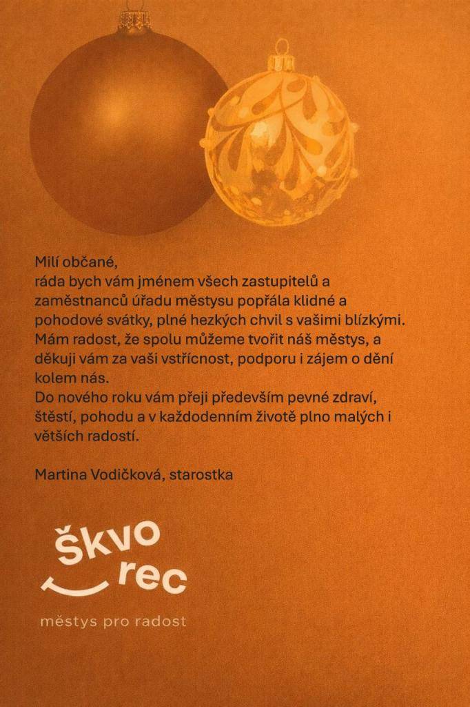 Milí občané,  ráda bych vám jménem všech zastupitelů a zaměstnanců úřadu městysu popřála klidné a pohodové svátky, plné hezkých chvil s vašimi blízkými.