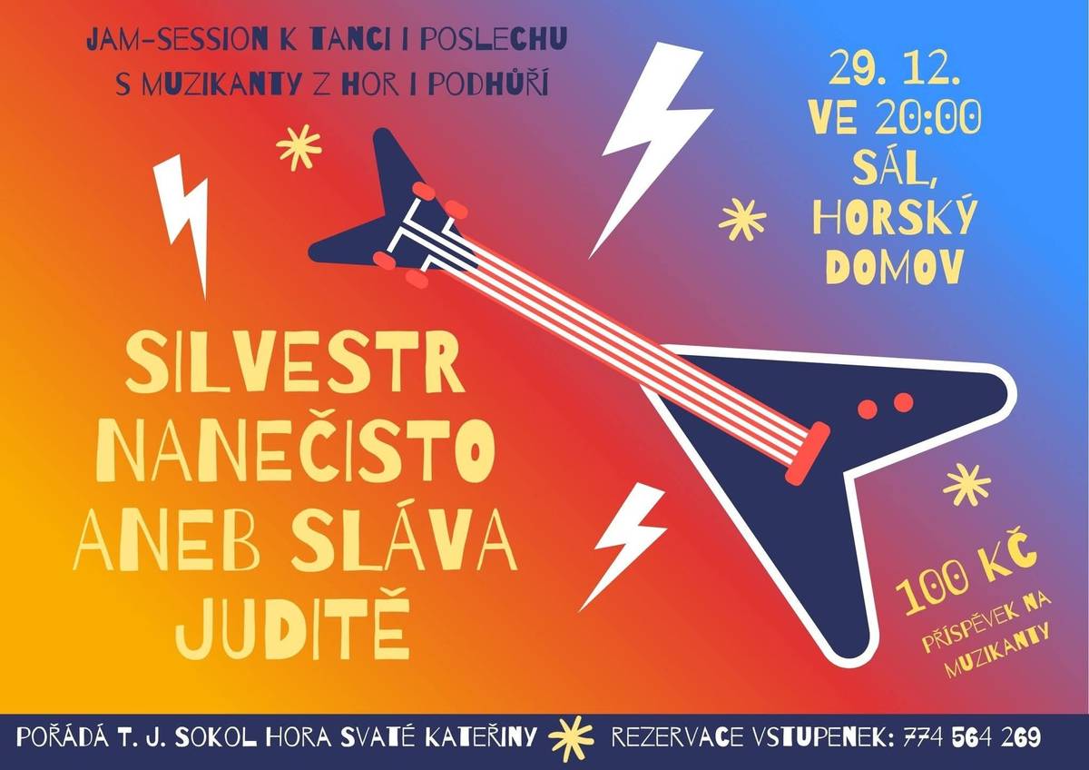 Svátky klidu a rozjímání máme za sebou a tak je potřeba to teď zase pořádně roztočit, no ne?  Už zítra se sem sjedou muzikanti z celého okolí a zvou vás k tanci a poslechu jejich jam - session.  Akce vhodná pro kohokoliv, kdo má rád živou hudbu, rád si zatančí, zazpívá či zahraje (nástroje samozřejmě s sebou, kdo chce).  Začínáme ve 20 hodin v sále Horského domova.  Příspěvěk na muzikanty 100 Kč.  Rezervace: 774564269