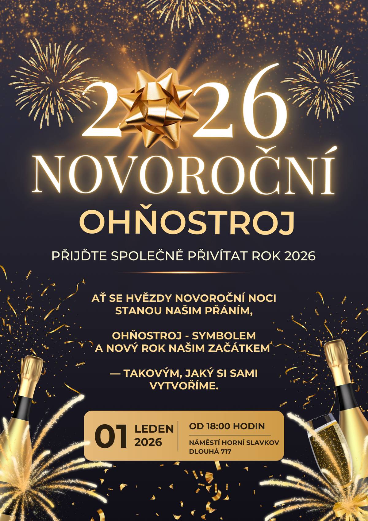 Přijďte společně přivítat rok 2026 od 18:00 hodin na Náměstí v Horním Slavkově.