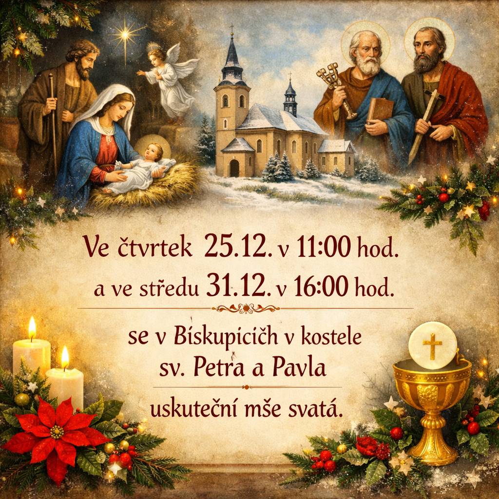Ve čtvrtek 25.12. v 11:00 hod. a ve středu 31.12. v 16:00 hod. se v Biskupicích, v kostele sv. Petra a Pavla uskuteční mše svatá.