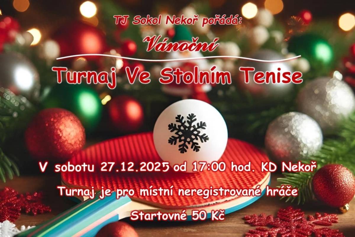 V sobotu 27.12.2025 od 17:00 v KD Nekoř. Turnaj je pro místní neregistrované hráče. Startovné 50 Kč.