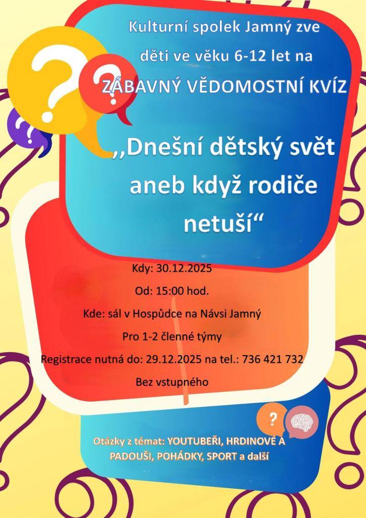 Kulturní spolek Jamný zve mladé lidi ve věku 6-12 let na zábavnou akci "Dnešní dětský svět (aneb když rodiče netuší)". Akce se koná 30. prosince 2025 od 15:00 hodin v sále v Hospůdce na Návsi v Jamném. Pro účastníky je nutná registrace do 29. prosince 2025 na telefonním čísle 736 421 732.