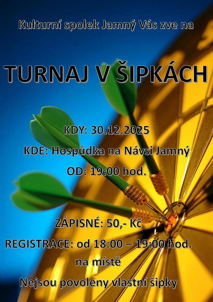 Pořádáme turnaj v šipkách, který se uskuteční 30. prosince od 19:00 hod. v Jamném. Akce je určena pro všechny, kdo mají zájem o tuto oblíbenou hru.