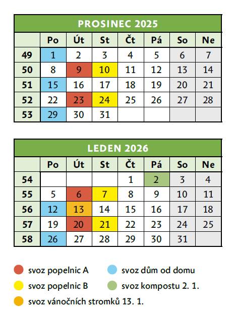 Svozy odpadu z domácností probíhají v zavedených dvoutýdenních intervalech, přičemž navíc je přidán svoz bioodpadu v pátek 2. ledna a svoz odstrojených rostlých vánočních stromků v úterý 13. ledna.