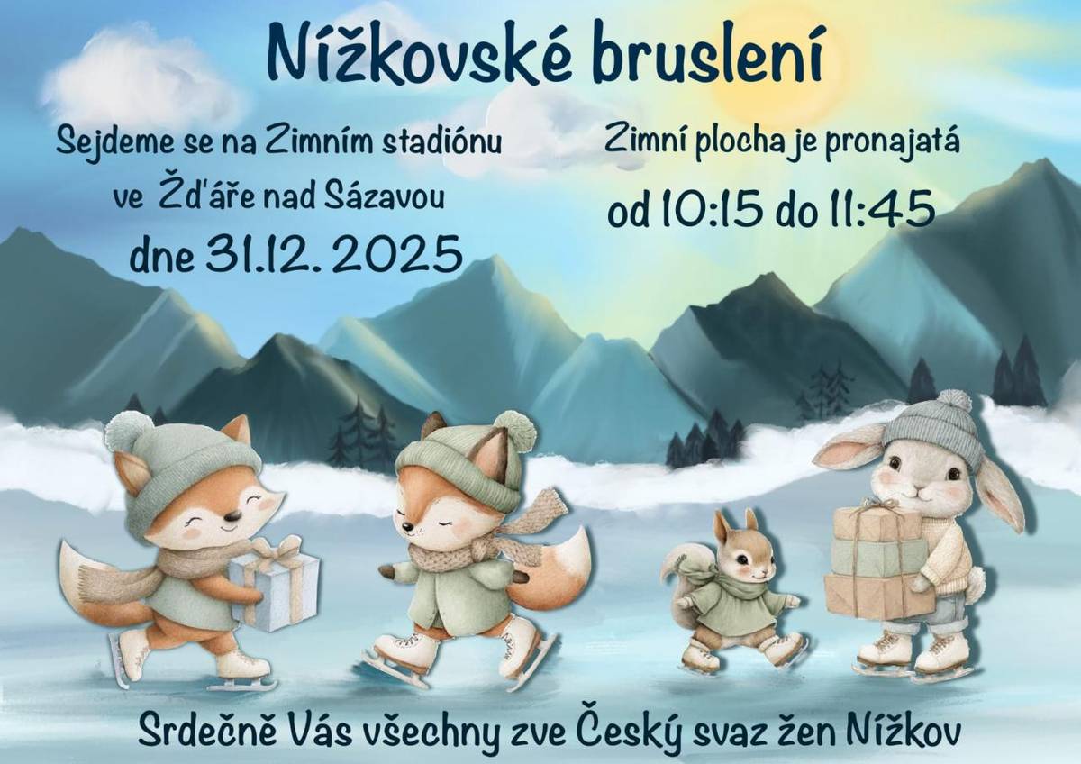 Český svaz žen zve na tradiční Nížkovské bruslení, které se uskuteční ve středu 31. prosince na Zimním stadionu ve Žďáře nad Sázavou. Plocha je pronajatá od 10:15 do 11:45.