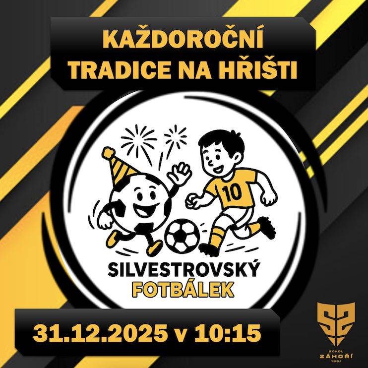 Přijďte se zúčastnit silvestrovského fotbálku, kde se utkají týmy „staří“ vs. „mladí“. Akce proběhne 31. 12. 2025 od 10:15 hod a je otevřena pro všechny fanoušky fotbalu. Těšíme se na vaši účast a společné oslavy konce roku!